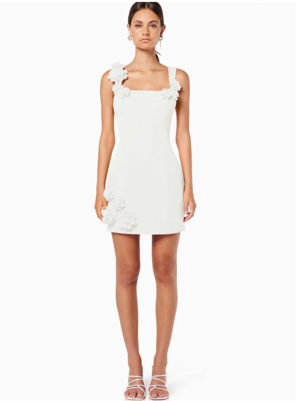 Elliatt White Square-Neck Mini Dress with Floral Appliqués